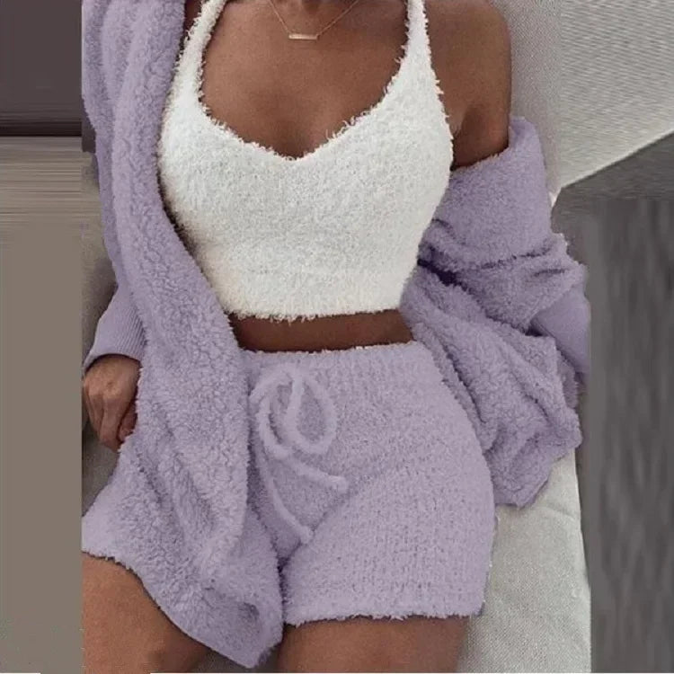 2026 New Women's Velvet Pajamas Set Sexy Crop Top+Shorts+Coat 3 Pieces Suit Sleepwear Casual Soft Clothes Homewear Pyjamas S-3XL