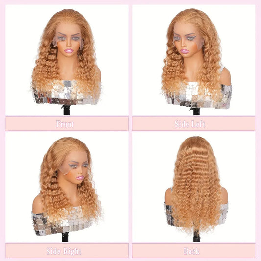 Deep Wave Honey Blonde Human Hair Wig #27 Curly HD Transparent Lace Front Wigs For Women Pre Plucked Wigs 200% Density 30 Inch