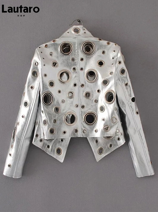 Lautaro Runway Cut Out Short Faux Leather Jacket Golden Rivet Cool Stylish Designer Clothes Women European American Fashion 2022