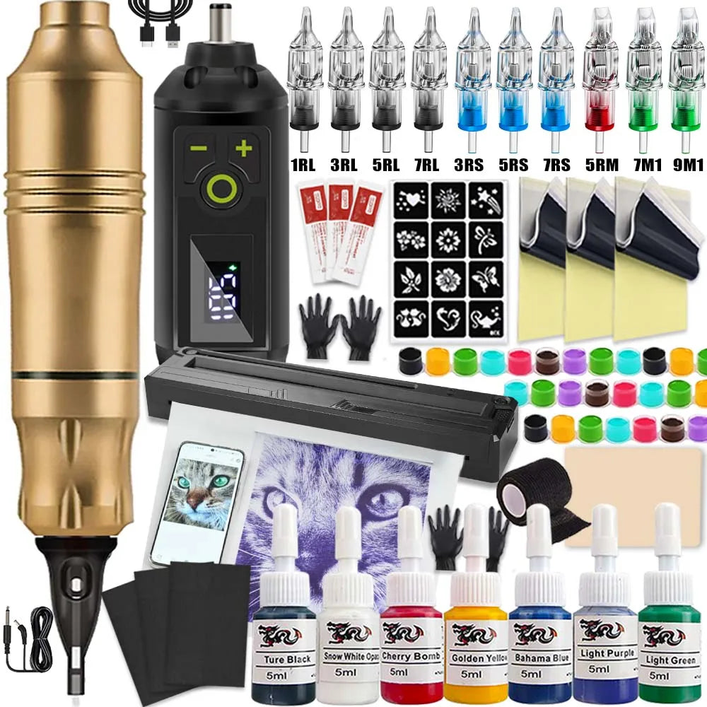Tattoo Machine Kit Professional Tattoo Kit with Tattoo Transfer Machine Printer or Not Wireless Tattoo Power Supply Beginner Set