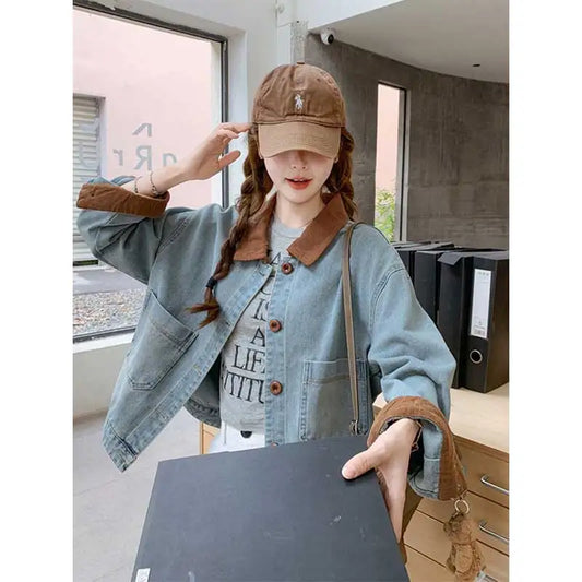 Women Clothing Autumn Fashion Korean Button Color Blocking Polo Collar Female All-match Fashionable Pocket Appear Thin Cardigan