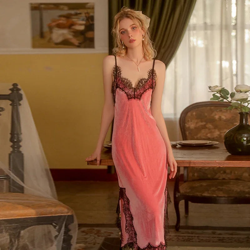 REBEYULI Brand Sexy Sleepwear Women 2026 Autumn Lace Sweet Solid Night Dress Long Soft Comfortable Velvet Robe Gown Sets Women