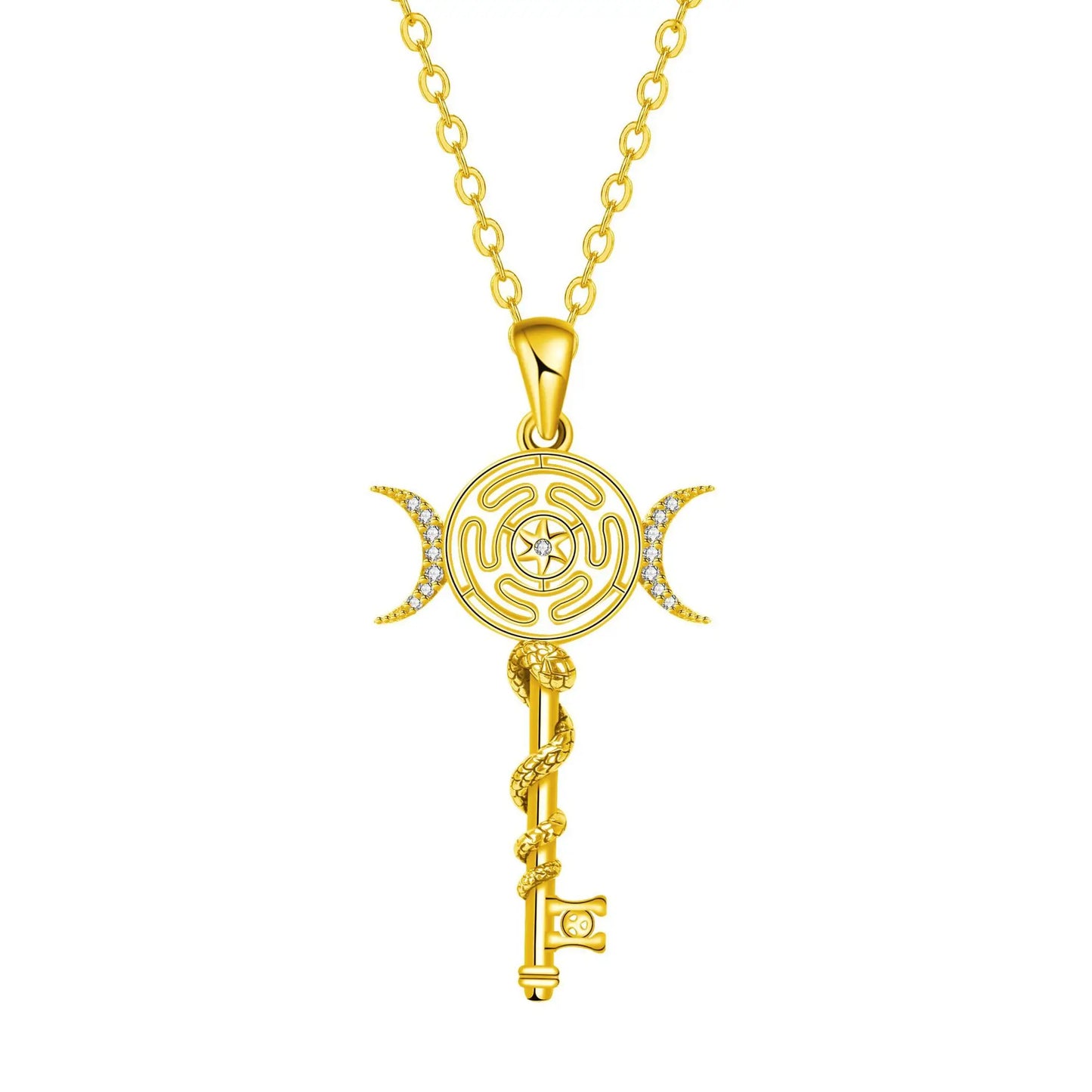 Hekate Wheel Necklace for Women Men 18K Gold Plated Snake Key Triple Moon Goddes Pendant Necklaces Pagan Jewelry