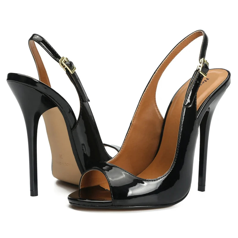 Peep Toe Summer Sandals Women Shoes 2025 Elegant Large Size Black Red High Heels 13cm Mules Sling Sexy Wedding Party Shoes Lady