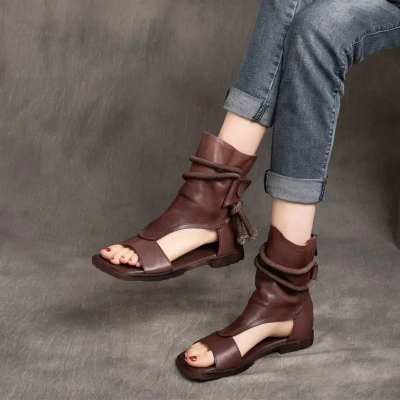 Birkuir High Top Open Toe Sandals For Women Summer Boots Luxury Hollow Out Beach Sandals Genuine Leather Flats Shoes Ladies