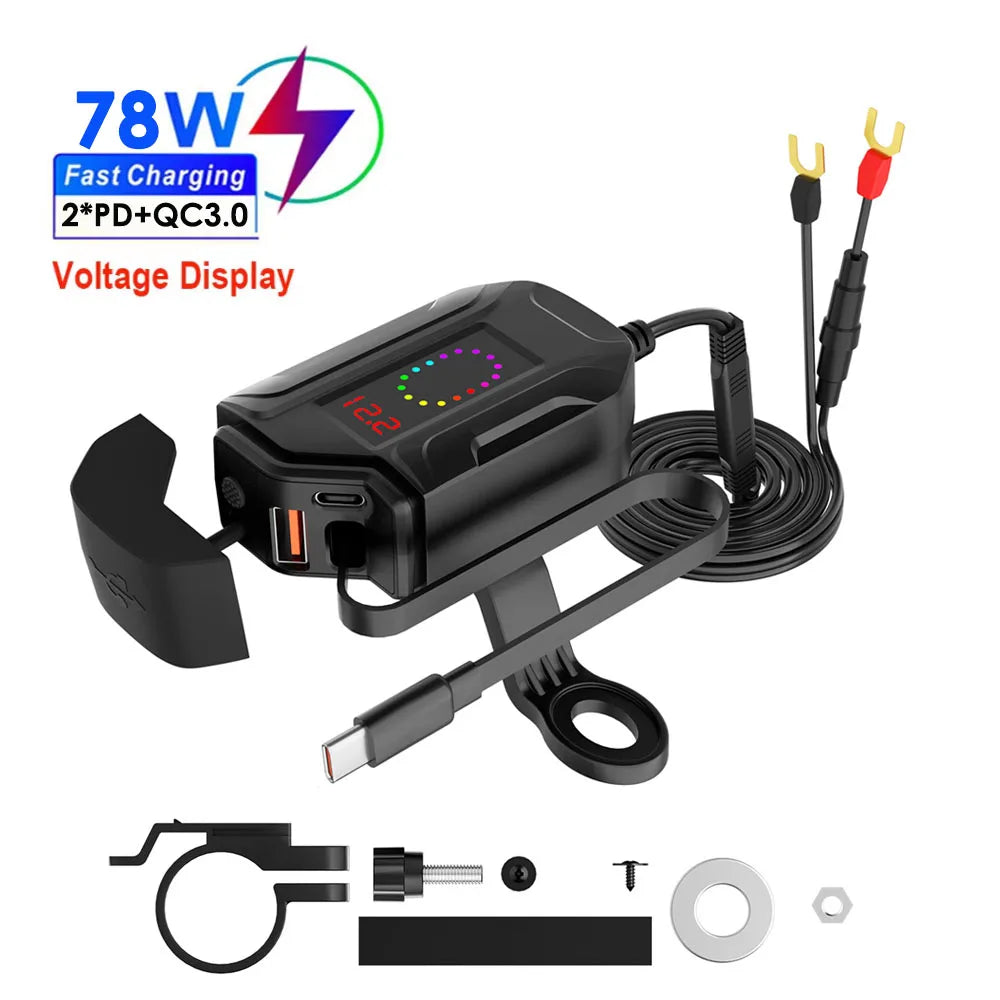 6.8A PD+QC3.0 Motorcycle Phone Charger Handlebar Dual USB Socket 60W Waterproof 12V Power Supply Adapter with Switch Voltmeter