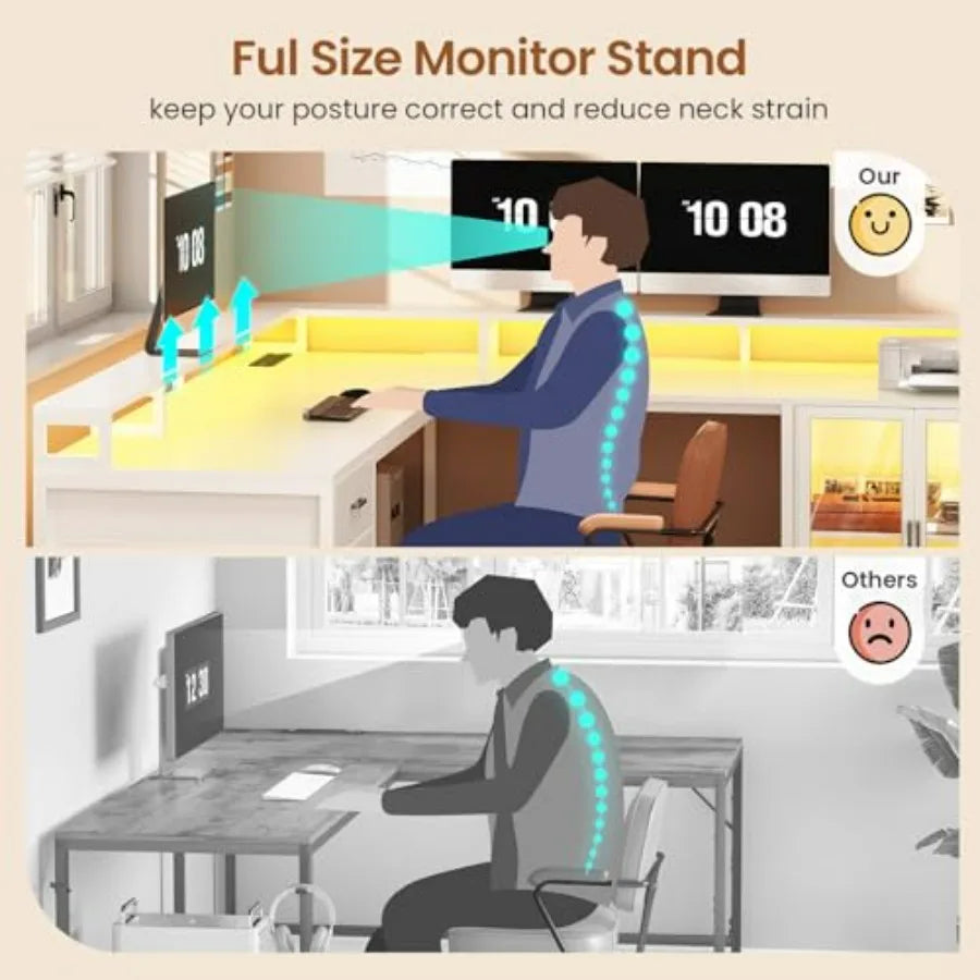 L Shaped Gaming Desk with 4 Drawers 109 Computer Desk with Display Cabinet White Home Office Desks with 2 Monitor Stands CPU St