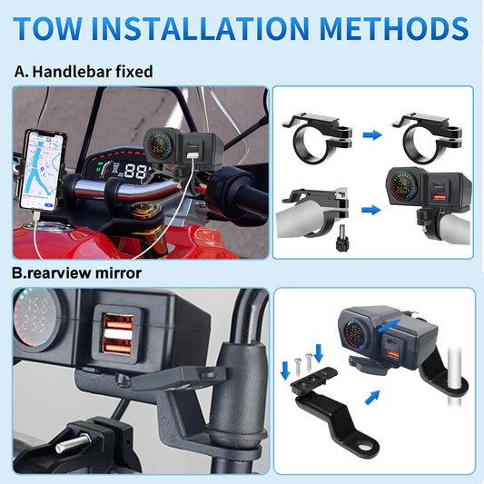 60W Dual USB Socket Motorcycle Handlebar & Rear Mirror Waterproof Fast Charger Phone Power Adapter Digital Voltmeter Thermometer