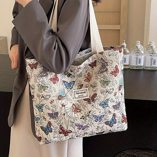 Women's Bag Butterfly Flower Print Embroidery Shoulder Bags Fashionable Canvas Handbags Large Capacity Zipper Shopping Bag
