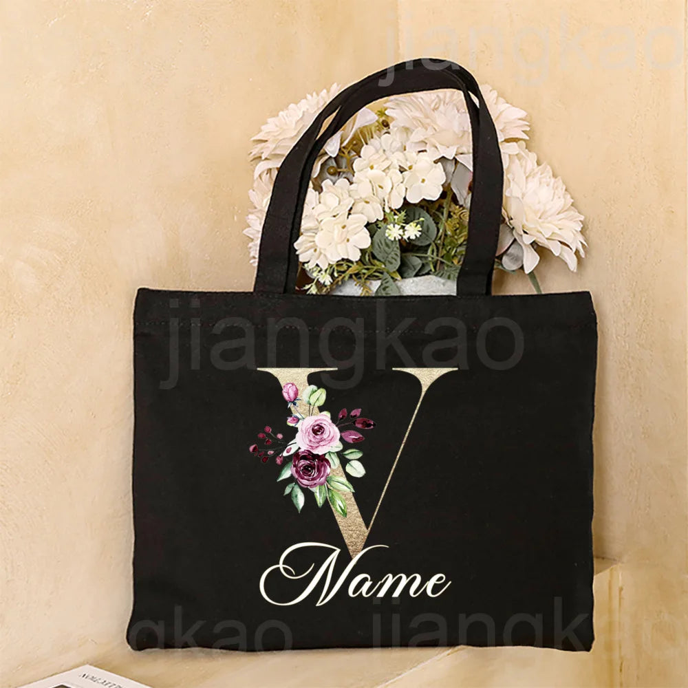 Personalized Initial with Name Tote Bag Women Canvas Shoulder Bags Monogram Shopping Bag Handbags Birthday Wedding Gifts for Her