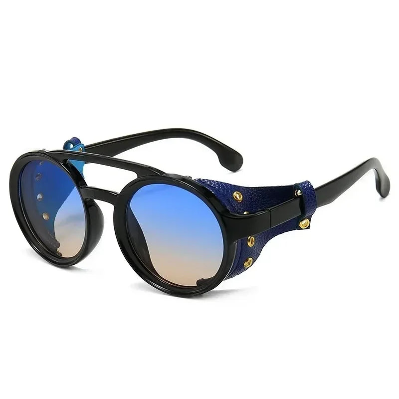 Steampunk Shields Sunglasses Men Women Classic SunGlasses With Side Leather Round Eyewear Pink UV400 Lens