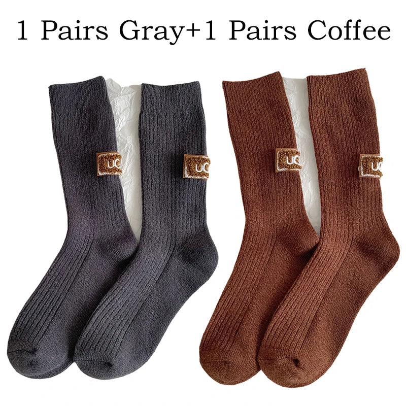 2 Pairs Cashmere Socks Winter Women Warm Wool Thickened Mid-Tube Trendy Heel Furry Label Letter Solid Color Snow Boot Socks New