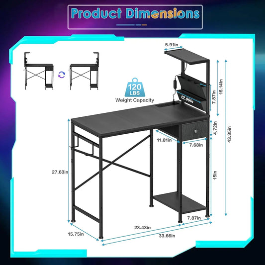 33.7 Inch L-Shaped Gaming Desk with LED Lights, Power Outlets & Storage - Compact Corner PC Desk for Home Office