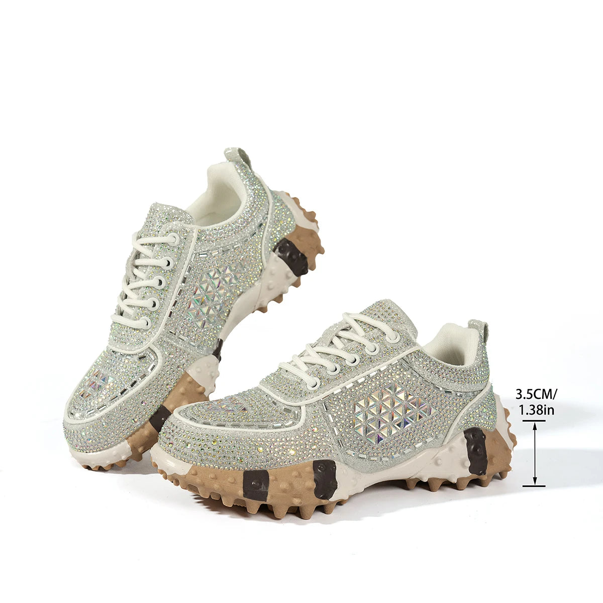 2026 Thick Soled Color Blocked Women's Sneakers Luxury Rhinestone Loafers Fashion Versatile Comfort Anti Slip Women Shoes Tenis