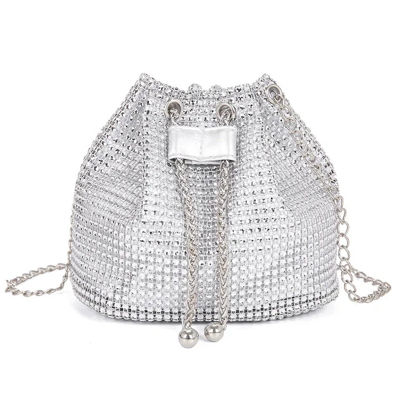 Sparkling Rhinestone Embellished Drawstring Crossbody Bag for Women Multi-Functional Bucket Purse with Detachable Chain Strap