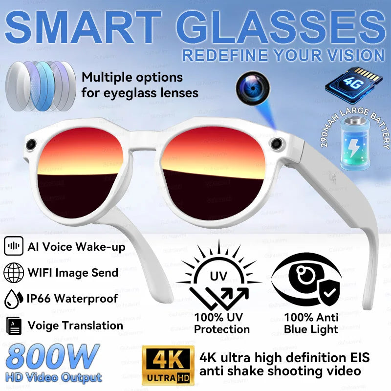 2026 New 4K HD AI Smart Glasses Chat GPT 800MP HD Camera Bluetooth Call 290mAh Battery 4GB Voice Assistant Control Smart Glasses