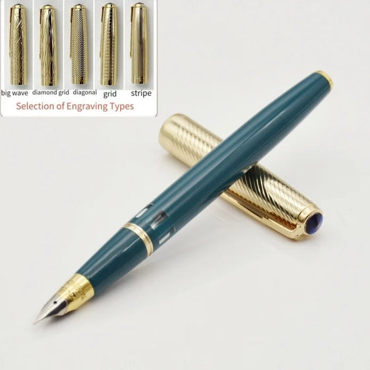 WingSung 601A Double Blue Stone Fountain Pen Gold Carving Cap Vacuum Piston F 0.5mm Iridium Wrapped Nib Writing Ink Pens Gift