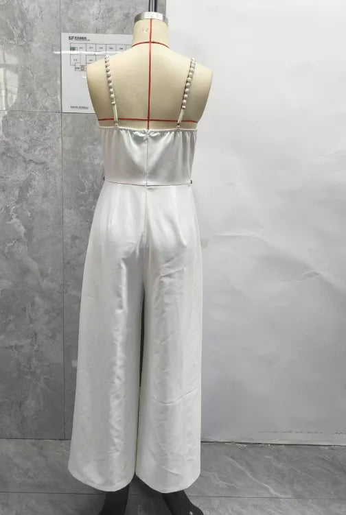 Jumpsuit Women 2025 Spring New Bandeau Beaded Spaghetti Strap Bowknot Design Ruched Slim Fit Jumpsuit Elegant Wide-Leg Overall