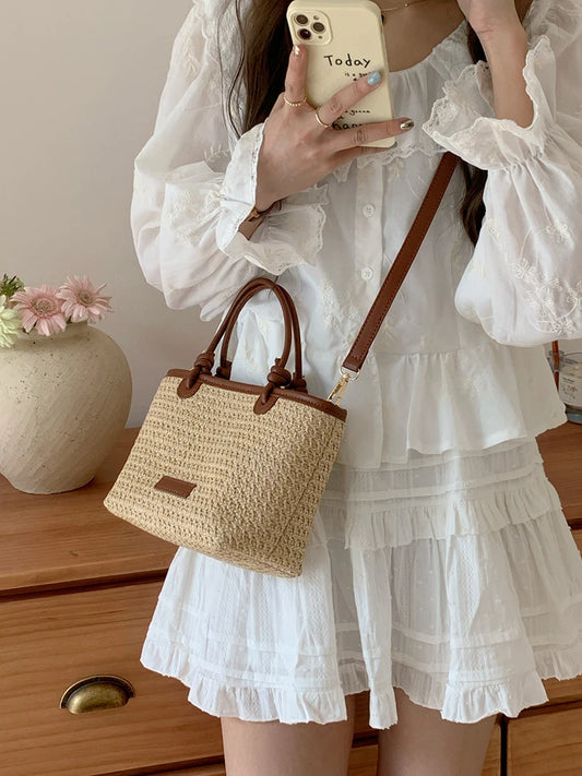 Summer Vacation Women's Beach Straw Shoulder Bag Retro Design Ladies Portable Crossbody Bags Knot Basket Woven Tote Handbags