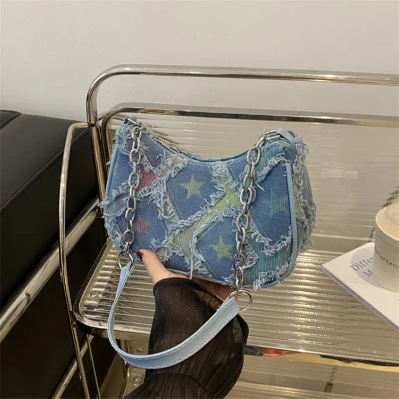 Women's Tote Bag with Star Pattern Blue Distressed Design, Golden-Tone Hardware, Stylish Handbag Shoulder Bag for Everyday Use