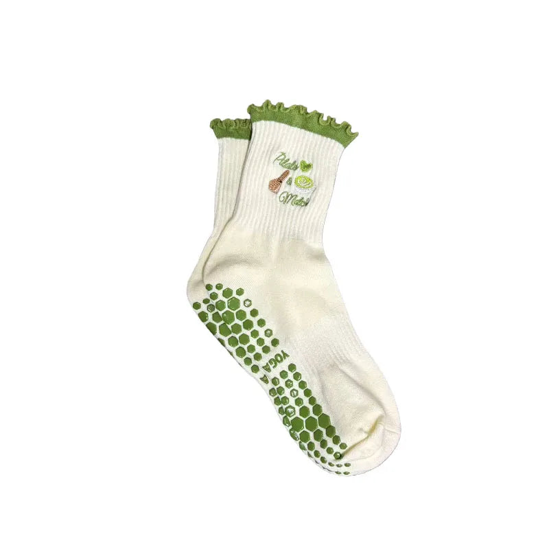 European sizes 36-43, 1 Pair of Heart-Shaped Lace Embroidered Yoga Socks, Mid-Calf Length, for Women