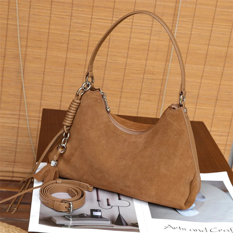 Hifashion Vintage Matte Suede Genuine Leather Underarm Shoulder Bags For Women 2025 Luxury Designer Hobo Tote Ladies Handbags