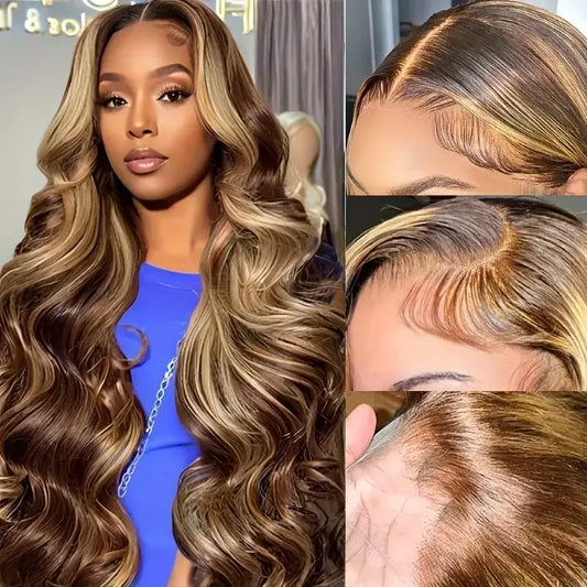 P4/27 Highlight Brown Body Wave 13x6 Human Hair Wig Honey Blonde Colored 13x4 HD Lace PrePlucked 40 46 Inch Wigs For Women
