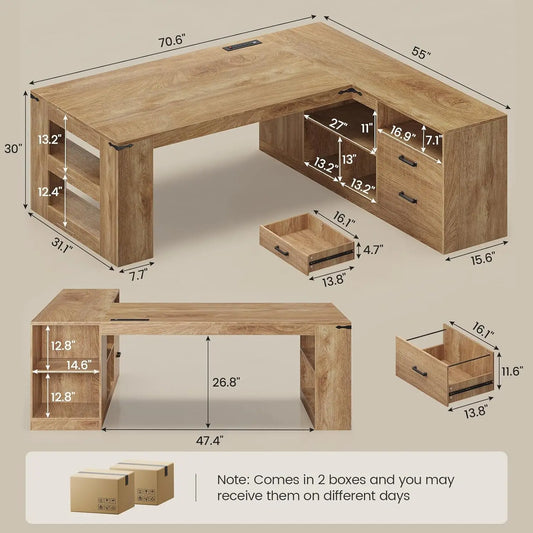 71" Executive Desk with Drawers Power Outlets Storage Shelves File Cabinet L Shaped Office Workstation Oak Customized