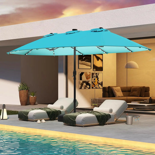 15FT Double-Sided Solar Patio Umbrella, Extra-Large Outdoor Twin Umbrella with 48 LED Lights, Vented Top, Customized