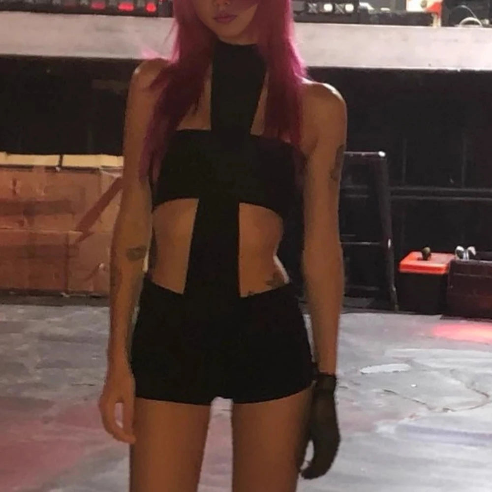 Y2k Sexy Two Piece Sets Woman Club Wear Halter Cross Crop Top and Skinny Pants Suits 2025 Female Jumpsuit Baddie Outfits