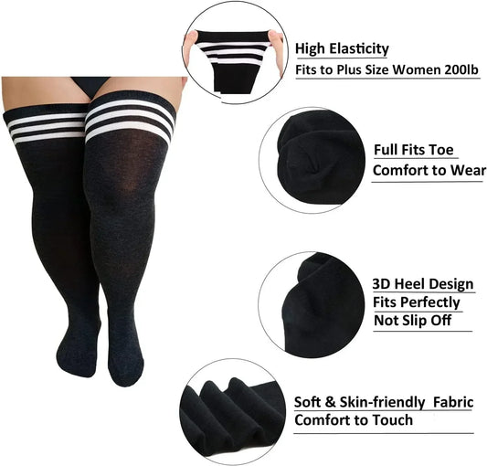 TRALOW Plus Size Thigh High Socks Extra Large Stripe Over Knee High Stockings for Women Comfortable and Warm For Cosplay Yoga