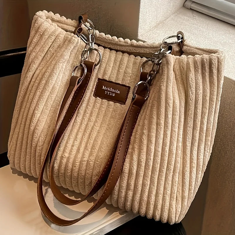 Large Capacity Corduroy Tote Bag Chain Handbag Shoulder Bag for Women, Polyester Lining, Zip Closure, Black, Beige, Khaki, Green