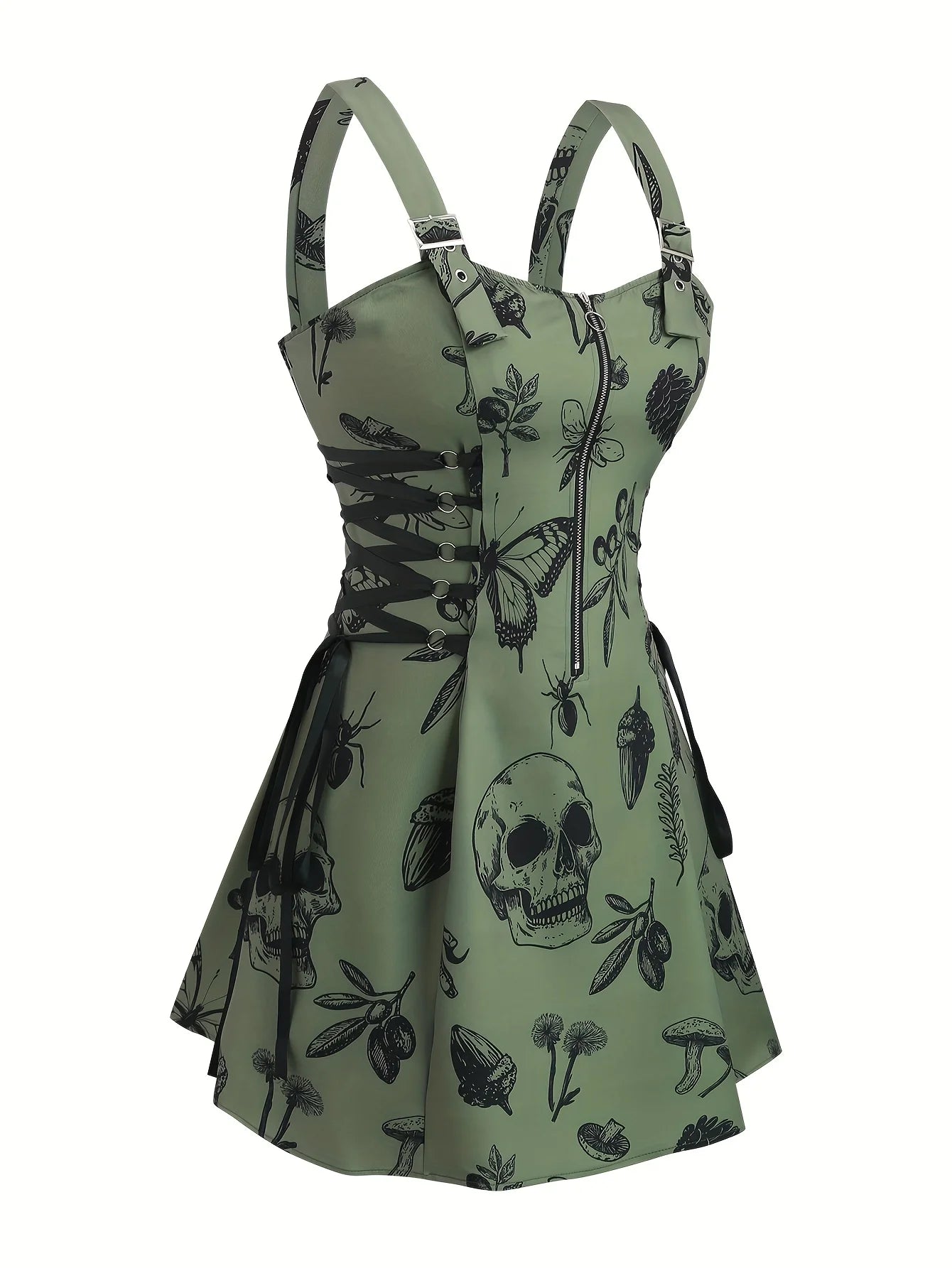 European and American trend oversized ladies slimming shoulder strap zipper full print skull pattern dress