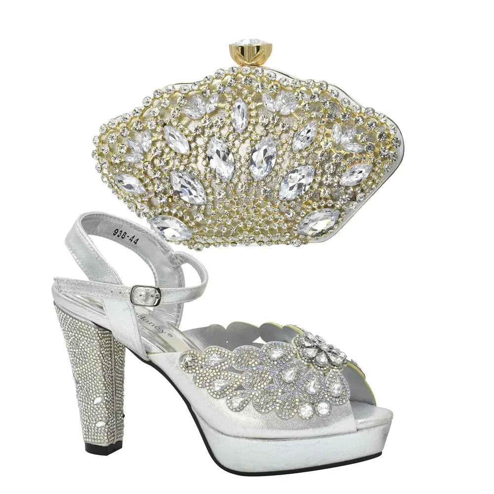 New Italian Shoes and Bags Matching Set with Rhinestone Shoes for Women 2025 Designer Luxury High Heels Shoes for Women Elegant