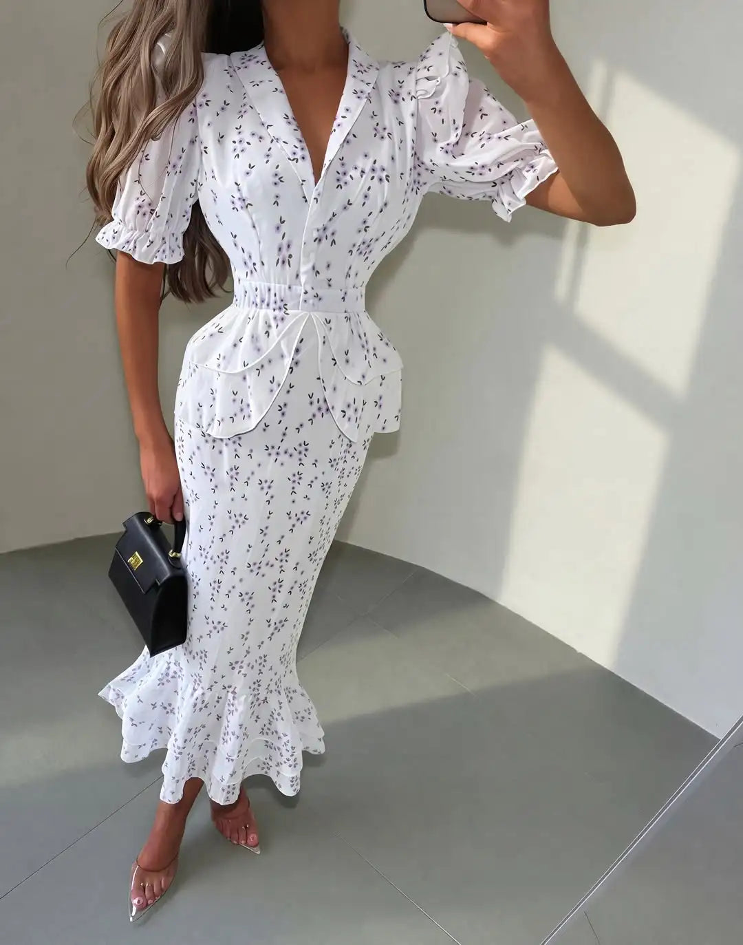 Printed V-neck Waist Cinched Pleated Dress Lapel Short Sleeve High Waisted Maxi Dresses Elegant Women's Summer New Vestidos