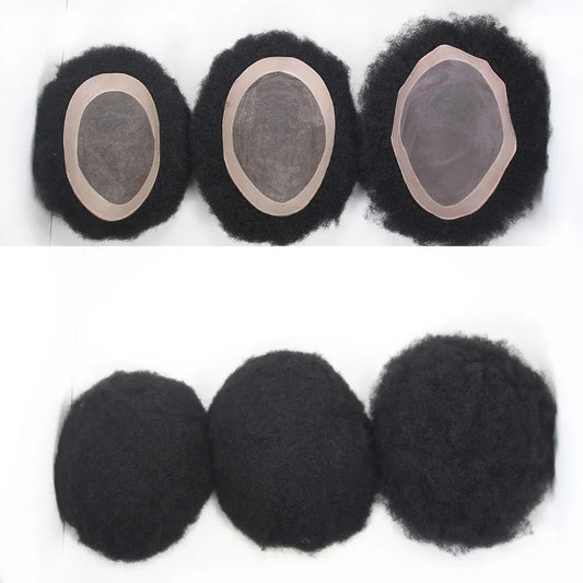 Afro Black Mens Toupee 4MM Man Wigs100% Human Hair African American Systems Afro Curly Hair pieces Replacement 1#Jet black 8x10"