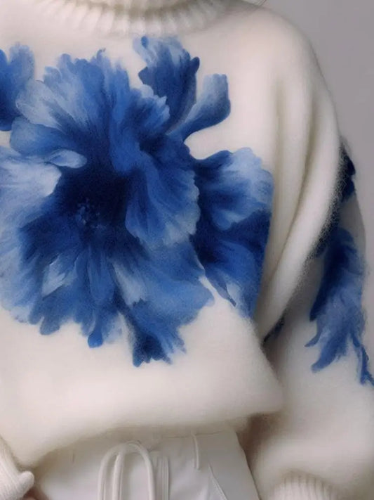 Oule Winter Blue Floral Print High Collar Women's Knitted Sweater Comfortable Loose Sle Long Sve Casual Commute Faion