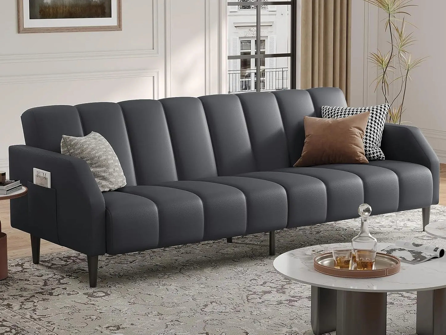 Faux Leather Couch, Convertible Futon Sofa Bed with Adjustable Backrest, Mid Century Leather Sofa Loveseat , Customized