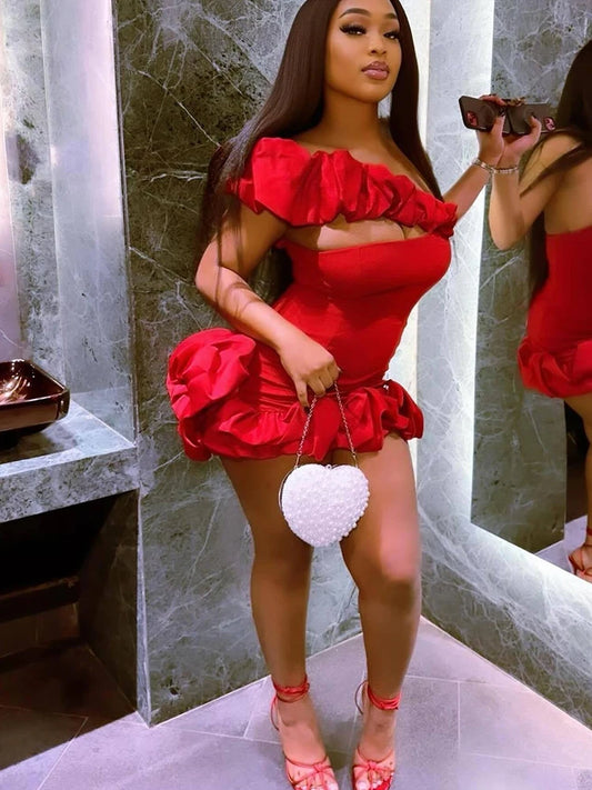 Womens Red Evening Dress Sexy One Shoulder Party Wear Strapless Red Dress Skinny Summer Ruffle Hem Dress Wholesale Dropshipping