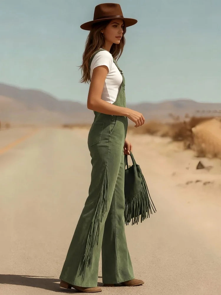Women's Four-Season Retro Western-Style Tassel Design Overalls, Suitable for Daily Commuting, Going Out, Dating, Holiday Parties, and Various Occasions