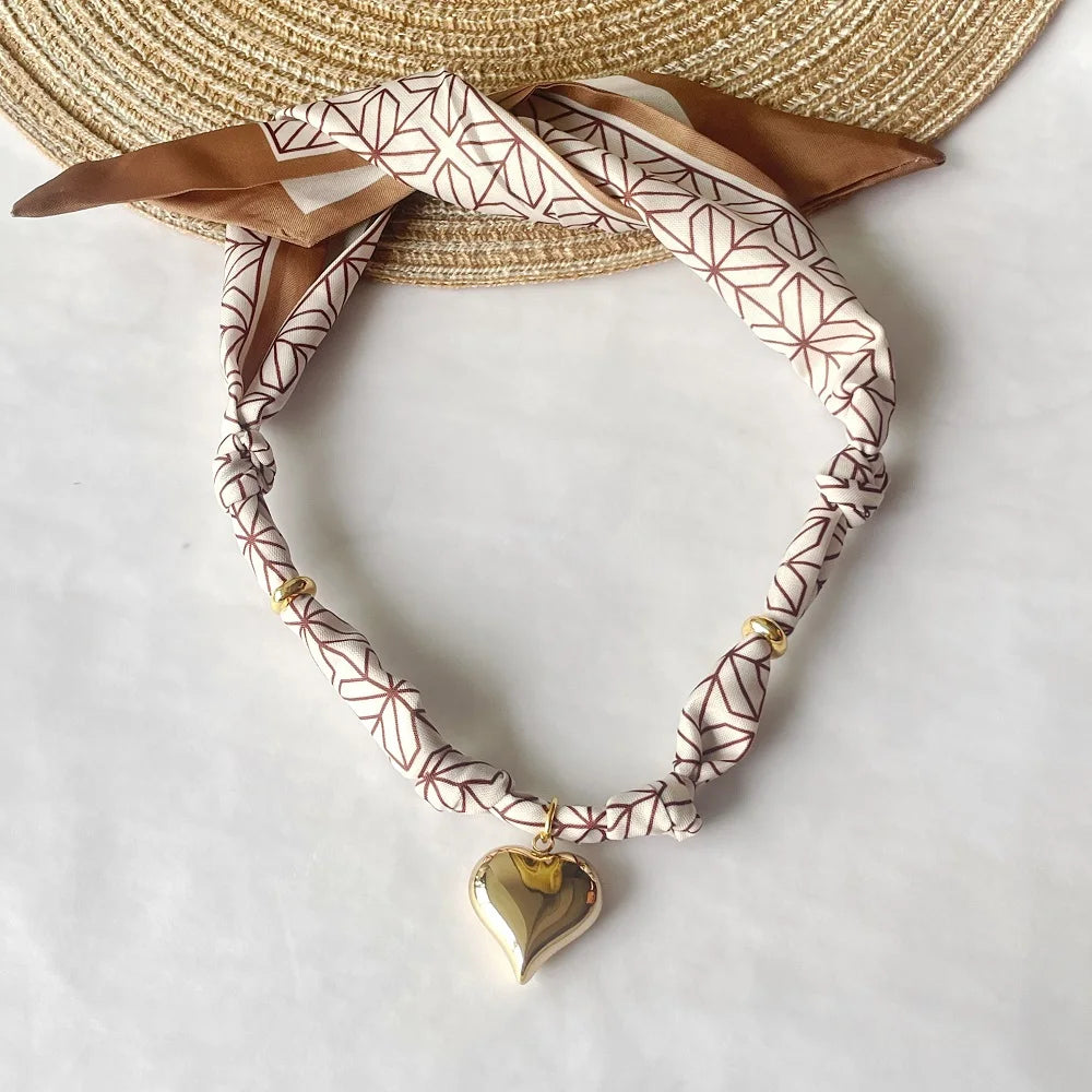 Women’s Fashion Scarf Necklace with Large Stainless Steel Heart Pendant Stackable Bandana Jewelry