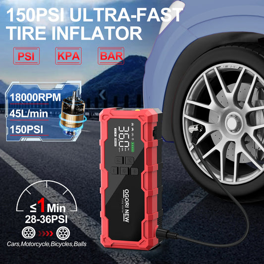 Jump Starter with Air Compressor 150PSI, 7000/8000A Portable Car Battery Booster (All Gas/16L Diesel)