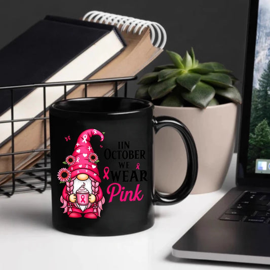 Ceramic mug, black elf with pink ribbon and flowers, October we wear pink breast cancer awareness design for breast cancer aware