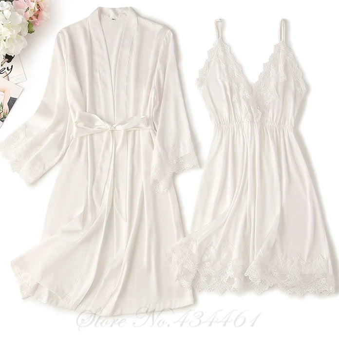 Burgundy 2PCS Robe Set Nightgown Sexy Lace Kimono Bathrobe Gown Nightdress Sleepwear Summer Satin Loose Home Wear Loungewear