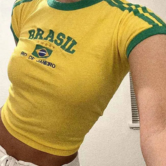 Womens Aesthetic BRASIL Letter Print T-Shirt and Shorts Suit, Vintage Grunge Short Sleeve Baby Tees, Summer Crop Top Y2k Clothe