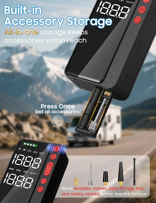 Smart Tire Inflator Portable Air Compressor, APP Control for Car Tires, 10000mAh Fast Pump with LED Light & Auto Shut-Off