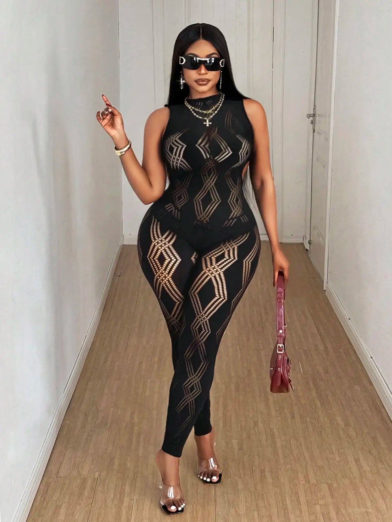 Women's Sexy Jumpsuit Hollow out Mesh Backless Night Party Streetwear Outfit Female Trendy Sexy Clothing