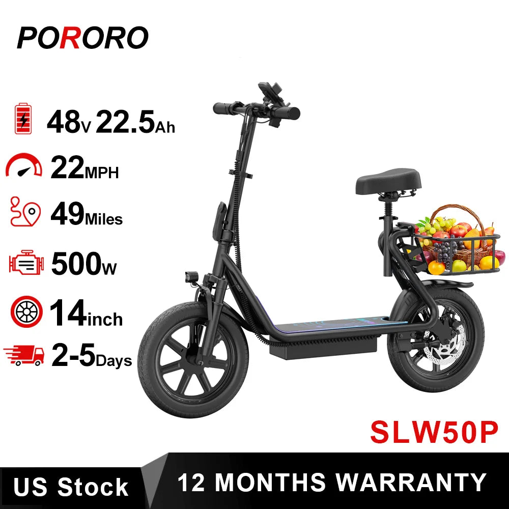 PORORO 14inch Electric Bicycle 10.5AH Battery 28Miles Max Range 22MPH Max Speed Shock Absorption Foldable E Scooter with Seat