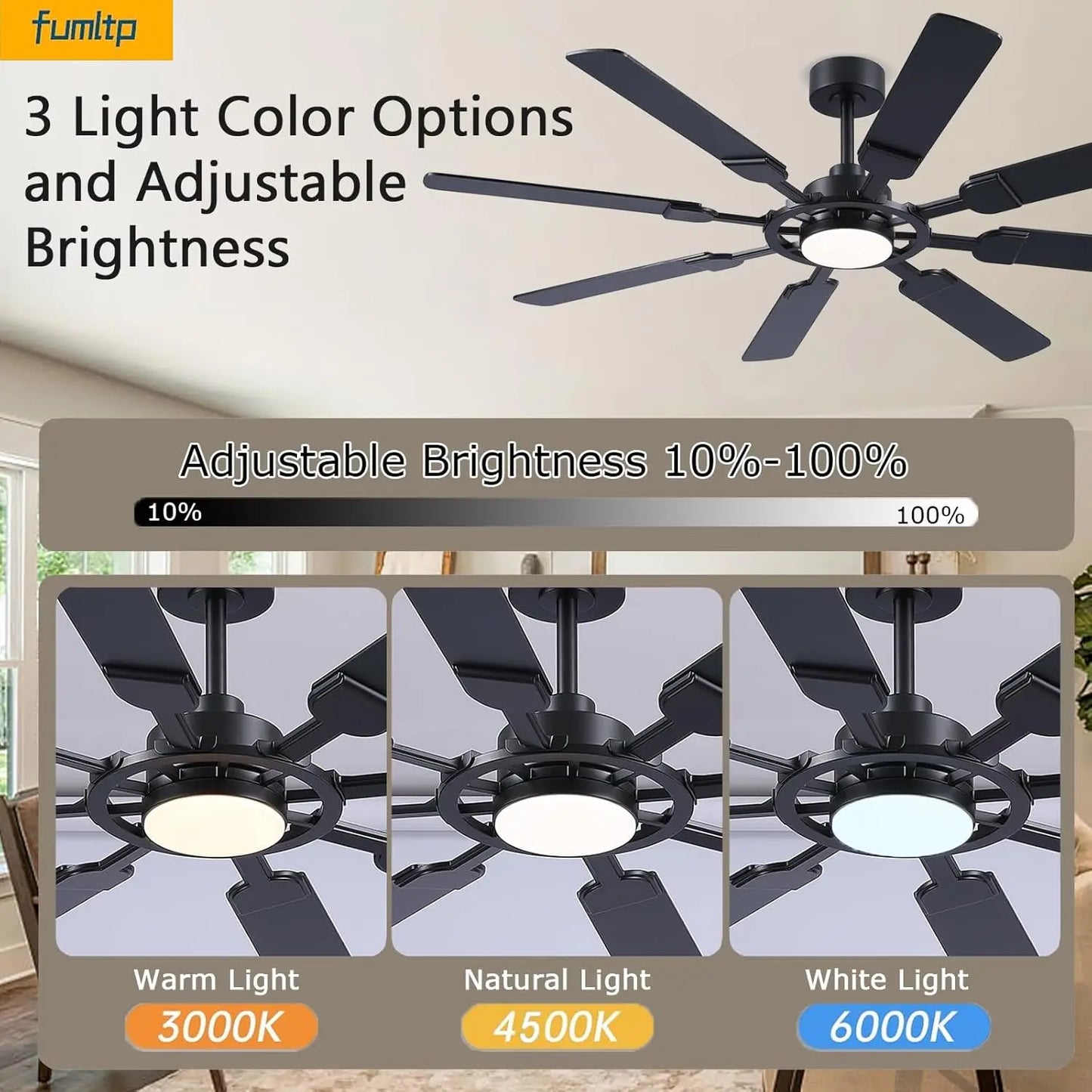 62-Inch Ceiling Fan with Light & Remote, 8 Blades, 6-Speed DC Motor, Quiet Timer for Indoor/Outdoor Use