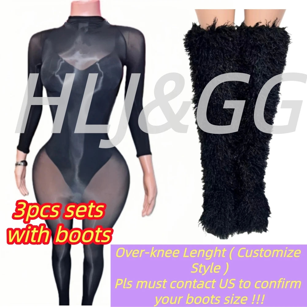 HLJ&GG Black Sexy See Though Bodycon Jumpsuits Women Round Neck Long Sleeve Slim Playsuits And Bodysuits Outfit Fashion Clubwear